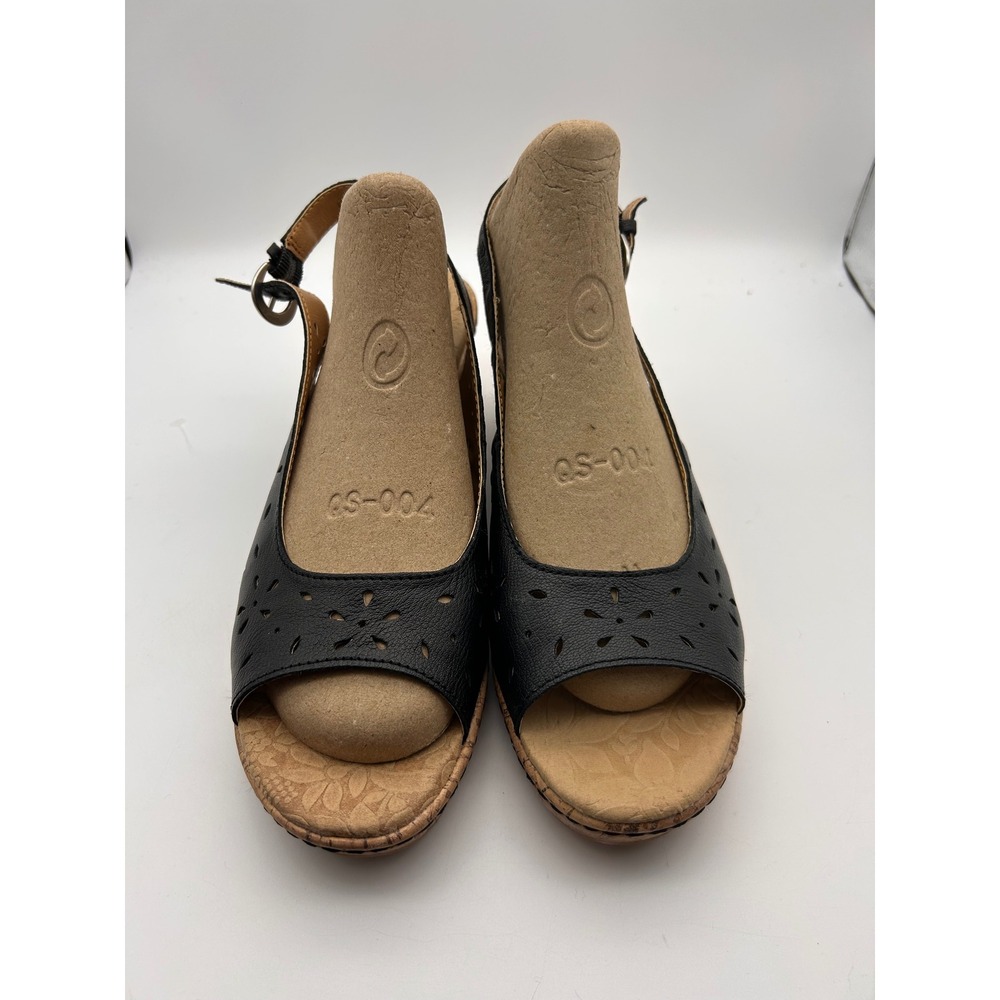 BOC Born Concept Womens Black Leather Laser Cut Cork Wedge Sandals 11M C68003